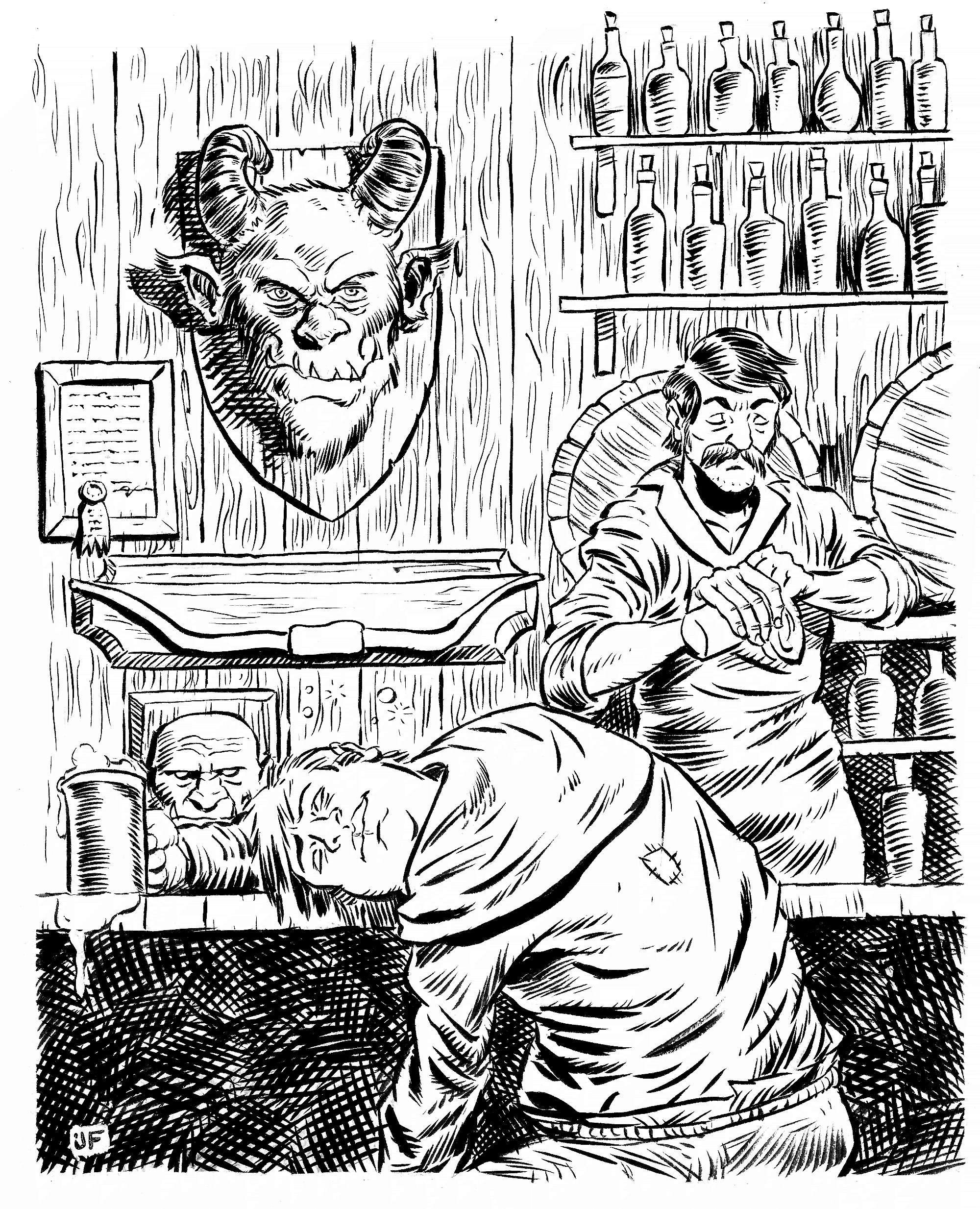 Fantasy tavern interior, patrons drinking at the bar